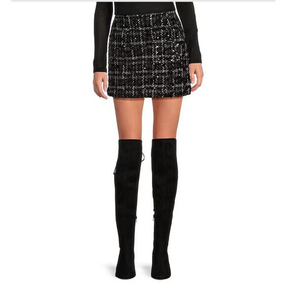 Gianni Bini Black White Roux Tweed Metallic Sequin Mini Skirt 10 - Picture 1 of 7